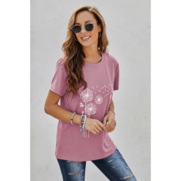Pink Crew Neck Dandelion Print T-shirt